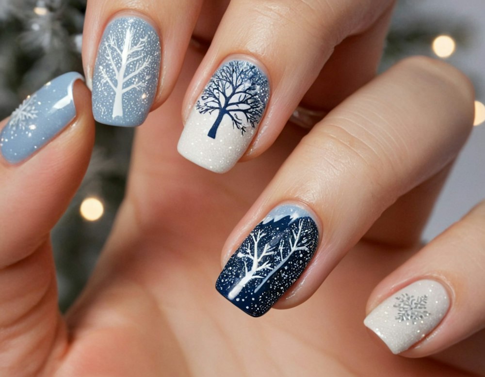 Uñas azules y blancas con un árbol pintado